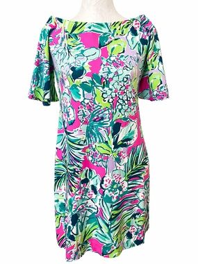 Lilly Pulitzer Butterfly Floral Shift Dress Pink Green Tropical Small